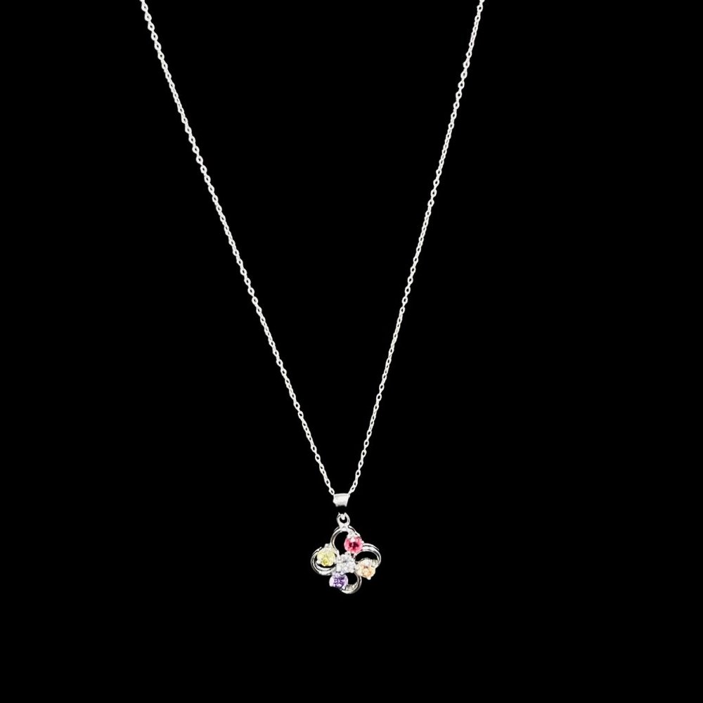 Sterling Silver Cable Chain Necklace With Multicolored Rhinestones Signed (4711)